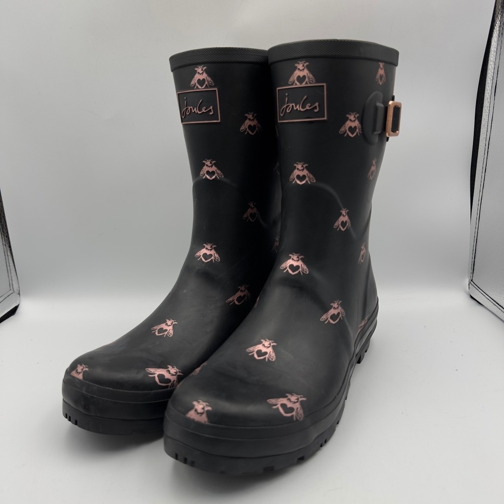 Joules Molly Welly Black Rose Gold Bee Print Rain Boots Womens Size 11